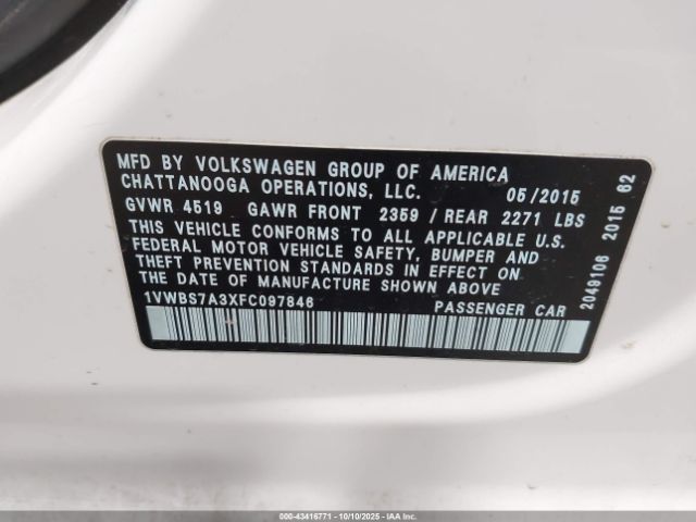 2015 VOLKSWAGEN PASSAT 1VWBS7A3XFC097846 Photo 8