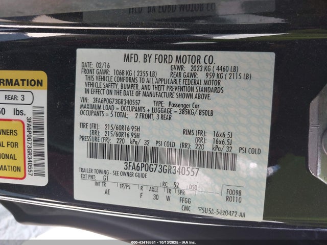 Ford FUSION S 2016 3FA6P0G73GR340557 Image 9