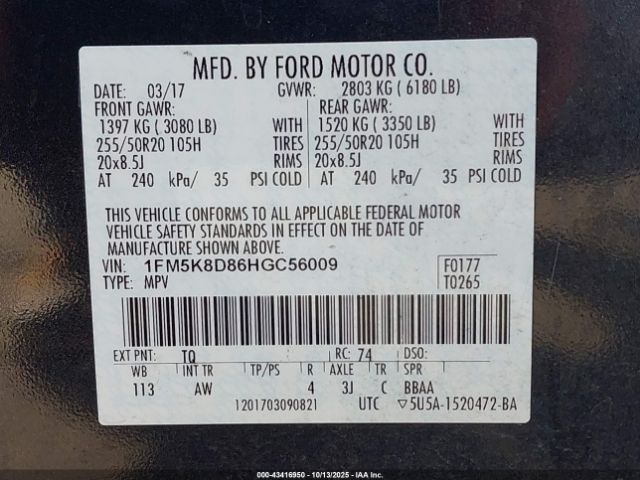 2017 FORD EXPLORER 1FM5K8D86HGC56009 Photo 8