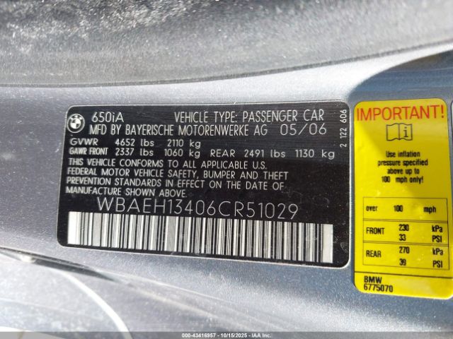 2006 BMW 650I WBAEH13406CR51029 Photo 8