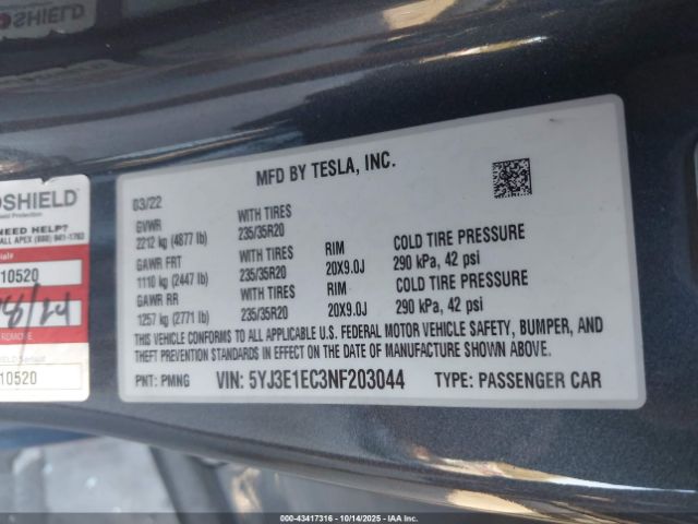 2022 TESLA MODEL 3 5YJ3E1EC3NF203044 Photo 8