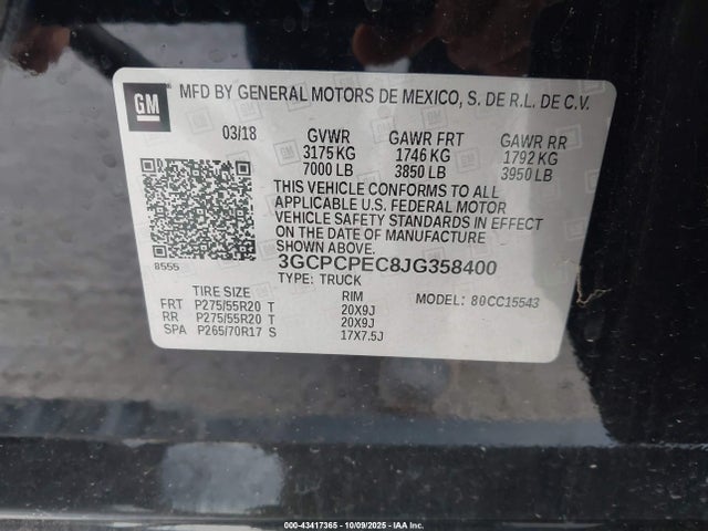 Chevrolet l83 - sidi: spark ignited direct injection, vvt: variable valve timing, afm, e85 max, alum 2018 3GCPCPEC8JG358400 Image 9