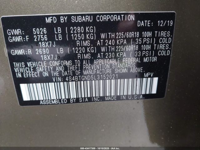 2020 SUBARU OUTBACK 4S4BTGND5L3152021 Photo 8