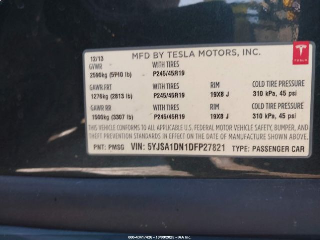 2013 TESLA MODEL S 5YJSA1DN1DFP27821 Photo 8
