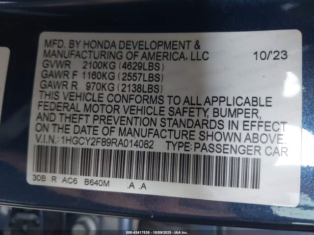Honda lfc5 2024 1HGCY2F89RA014082 Image 9