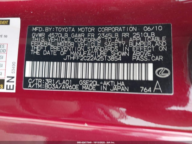 43417549 :رقم المزاد ، JTHFF2C22A2513854 vin ، 2010 Lexus Is 250c مزاد بيع