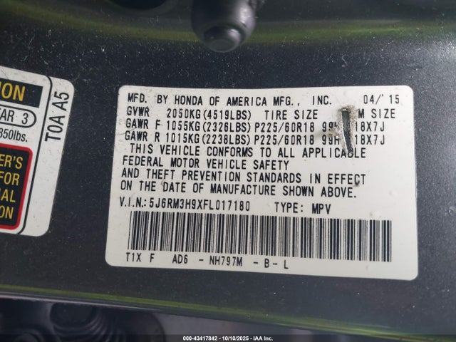 5J6RM3H9XFL017180 Honda Cr-v Touring