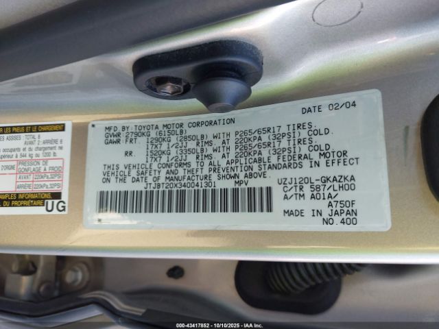 2004 LEXUS GX 470 JTJBT20X340041301 Photo 8