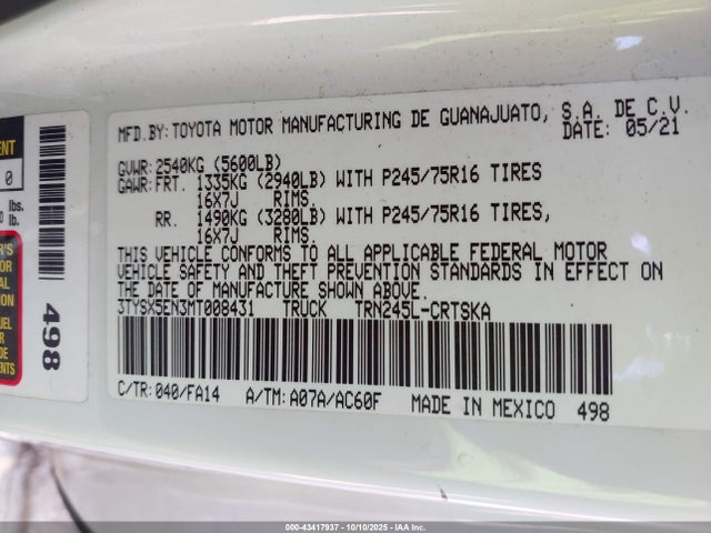 3TYSX5EN3MT008431 Toyota Tacoma Sr