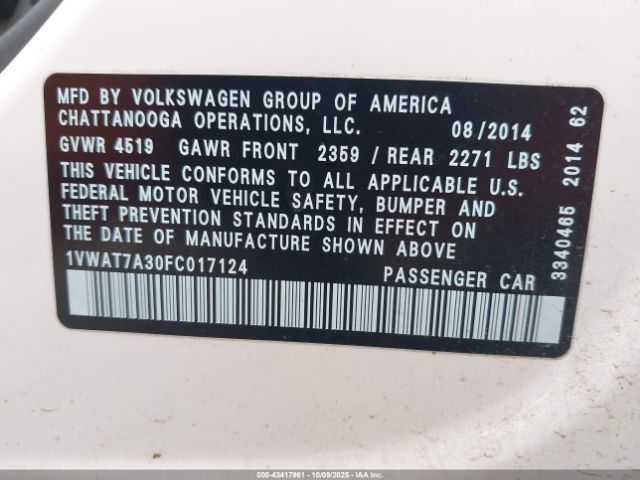 2015 VOLKSWAGEN PASSAT 1VWAT7A30FC017124 Photo 8