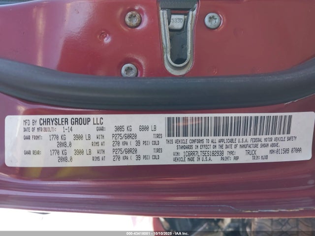 2014 Ram 1500 Big Horn მანქანა იყიდება აუქციონზე, vin: 1C6RR7LT5ES182938, აუქციონის ნომერი: 43418081