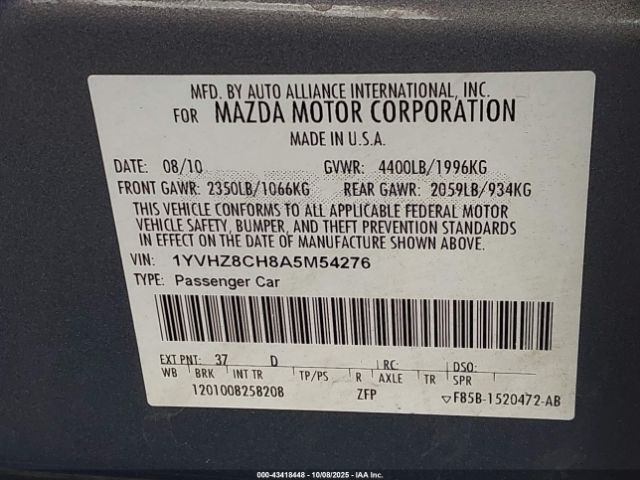 2010 MAZDA MAZDA6 1YVHZ8CH8A5M54276 Photo 8