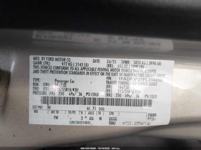 Ford FOCUS SE 2015 1FADP3F21FL294268 Image 9