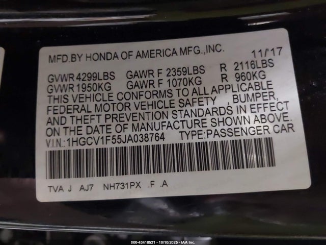 1HGCV1F55JA038764 Honda Accord Ex-l