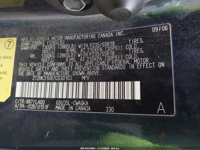 2007 Lexus Rx 350 მანქანა იყიდება აუქციონზე, vin: 2T2HK31UX7C030103, აუქციონის ნომერი: 43418563