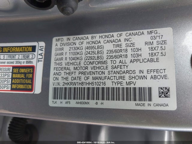 2HKRW1H81HH510216 Honda Cr-v Ex-l/ex-l Navi
