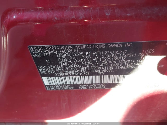 43418642 :رقم المزاد ، 2T3BFREV1DW040704 vin ، 2013 Toyota Rav4 Le مزاد بيع