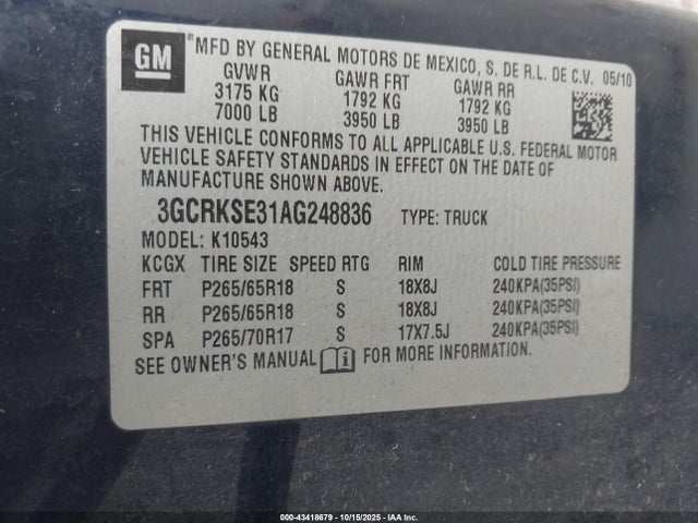 Продаж на аукціоні авто 2010 Chevrolet Silverado 1500 Lt, vin: 3GCRKSE31AG248836, номер лоту: 43418679