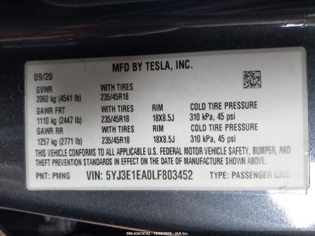 2020 TESLA MODEL 3 5YJ3E1EA0LF803452 Photo 8