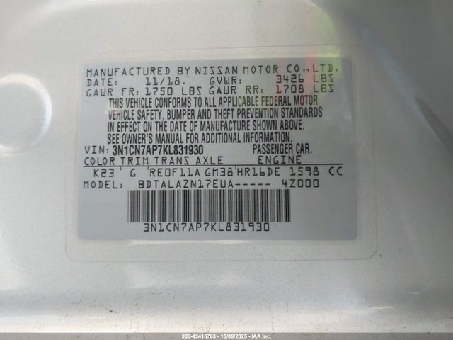 3N1CN7AP7KL831930 Nissan Versa