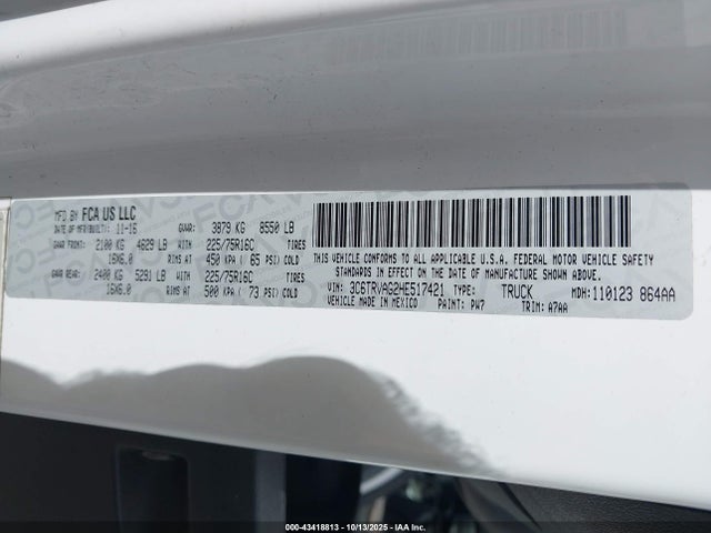 Aukcja sprzedaży 2017 Ram Promaster 1500 Low Roof 136 Wb, vin: 3C6TRVAG2HE517421, numer aukcji: 43418813