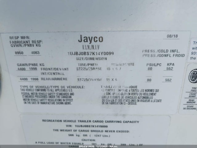 1UJBJ0BS7K14Y0099 Jayco White Hawk 29re Travel Trailer