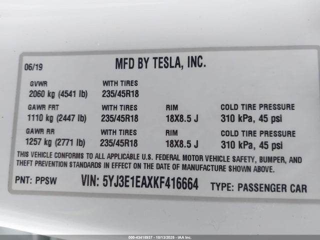 2019 TESLA MODEL 3 5YJ3E1EAXKF416664 Photo 8