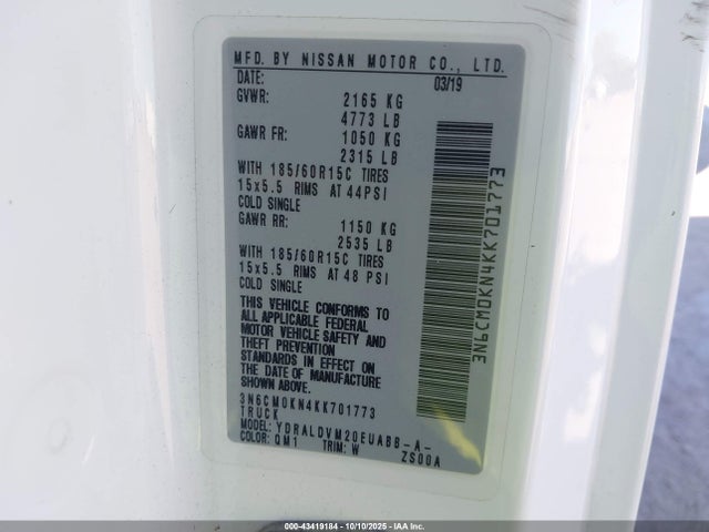 Aukcja sprzedaży 2019 Nissan Nv200 S, vin: 3N6CM0KN4KK701773, numer aukcji: 43419184