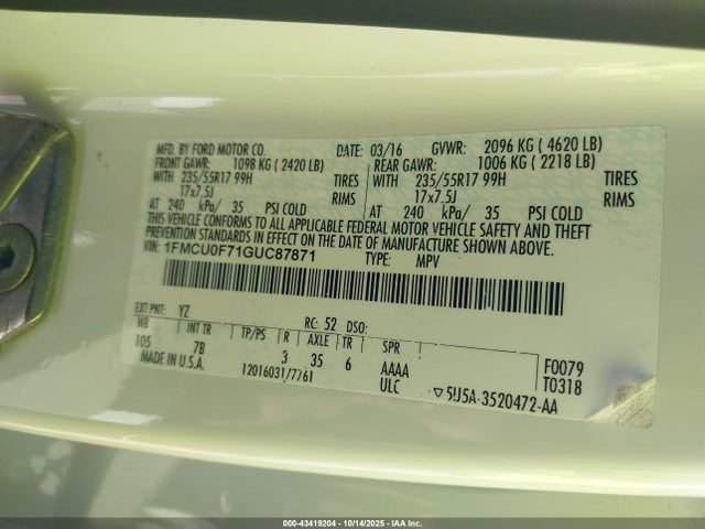 2016 FORD ESCAPE 1FMCU0F71GUC87871 Photo 8