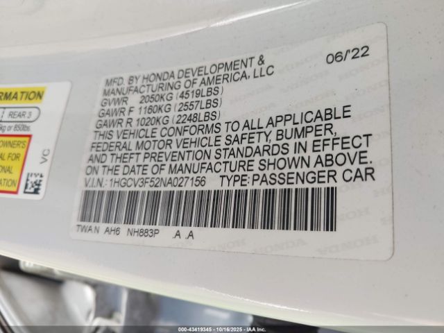 2022 HONDA ACCORD 1HGCV3F52NA027156 Photo 8