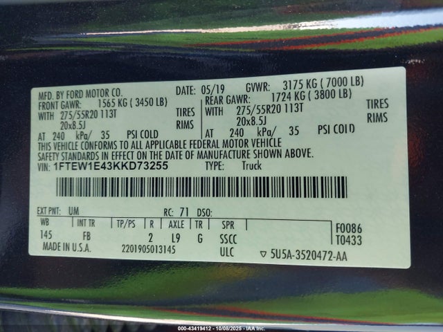 Ford gtdi 2019 1FTEW1E43KKD73255 Image 9
