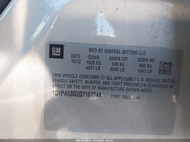 Продажа на аукционе авто 2013 Chevrolet Cruze Ls Auto, vin: 1G1PA5SG2D7167744, номер лота: 43419615