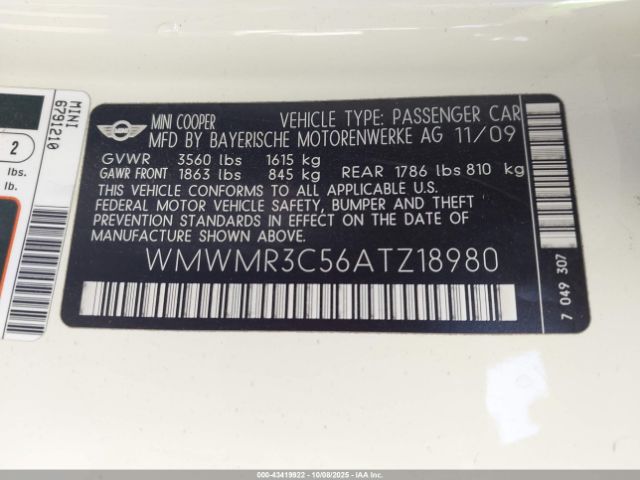 2010 MINI COOPER WMWMR3C56ATZ18980 Photo 8