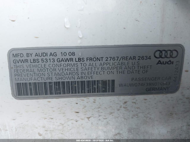 43419939 :رقم المزاد ، WAUWG74F39N016543 vin ، 2009 Audi A6 3.0 Premium مزاد بيع