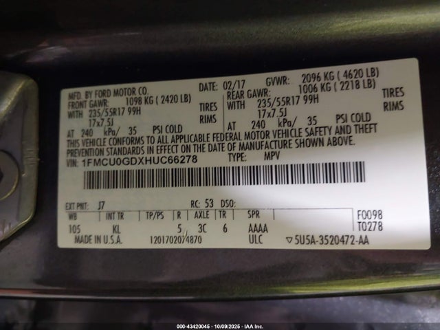 1FMCU0GDXHUC66278 Ford gtdi sigma w/premium fuel