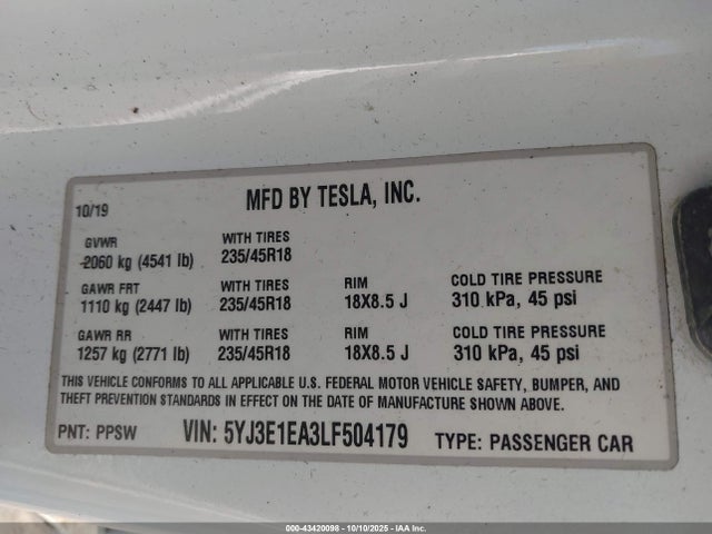 2020 TESLA MODEL 3 5YJ3E1EA3LF504179 Photo 8