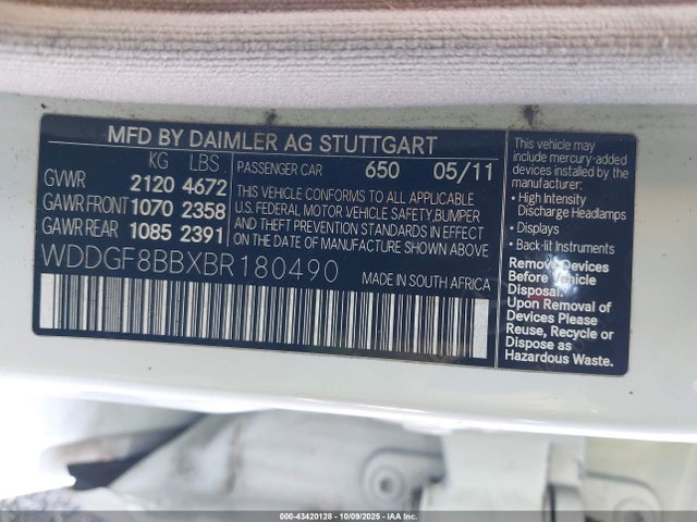 Aukcja sprzedaży 2011 Mercedes-benz C 300 Luxury 4matic/sport 4matic, vin: WDDGF8BBXBR180490, numer aukcji: 43420128