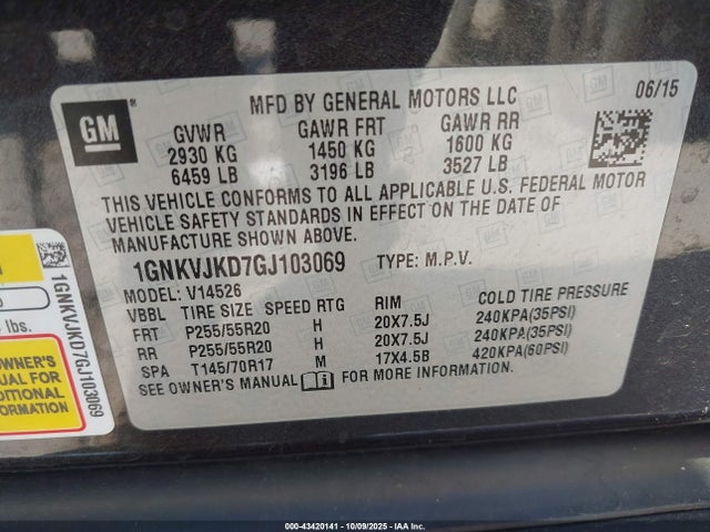 1GNKVJKD7GJ103069 Chevrolet llt - sidi, alum, 60 degrees