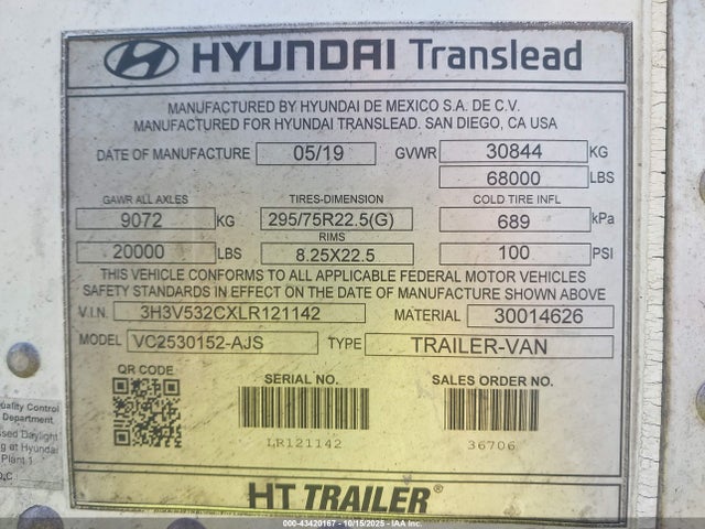 43420167 :رقم المزاد ، 3H3V532CXLR121142 vin ، 2020 Hyundai Translead Inc Semi Trailer مزاد بيع