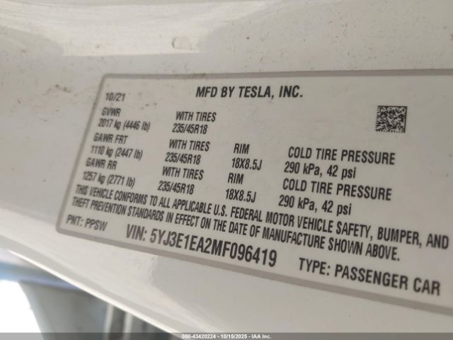 2021 TESLA MODEL 3 5YJ3E1EA2MF096419 Photo 8