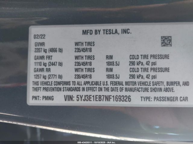 2022 TESLA MODEL 3 5YJ3E1EB7NF169326 Photo 8