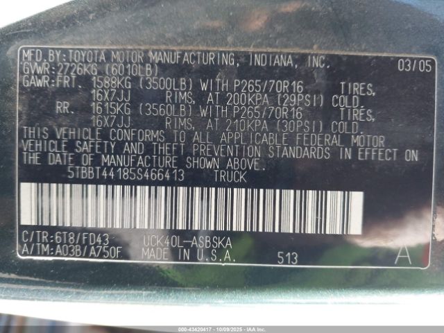 2005 TOYOTA TUNDRA 5TBBT44185S466413 Photo 8