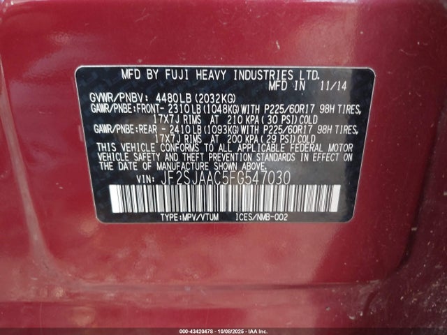 Subaru 2.5na u5 2015 JF2SJAAC5FG547030 Image 9