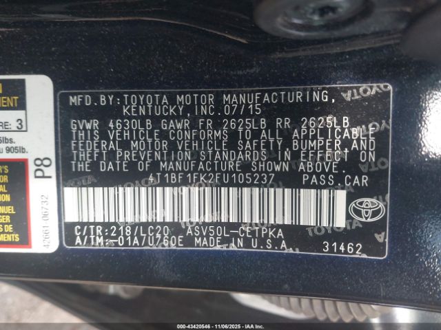 2015 TOYOTA CAMRY 4T1BF1FK2FU105237 Photo 8