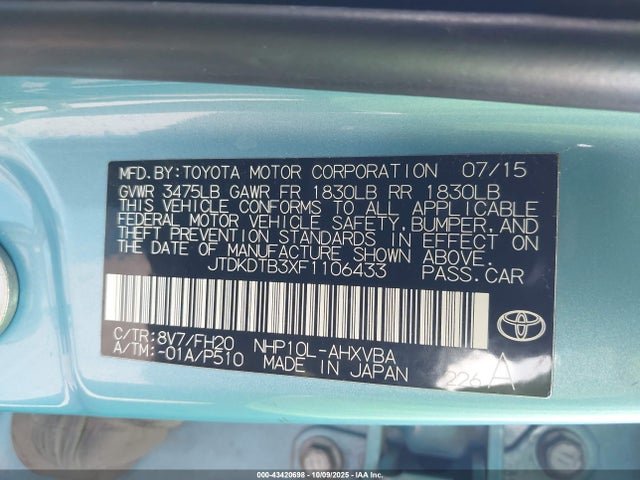 JTDKDTB3XF1106433 Toyota 1nz-fxe+1lm