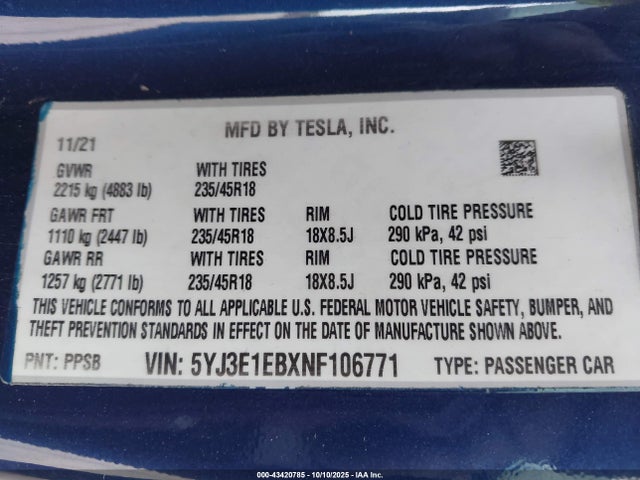 2022 TESLA MODEL 3 5YJ3E1EBXNF106771 Photo 8