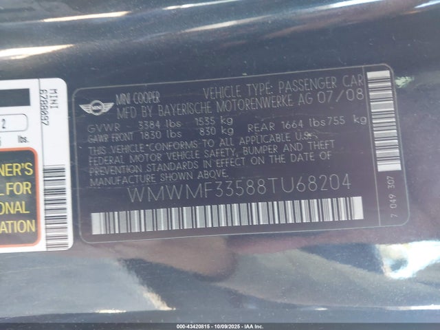 2008 MINI COOPER WMWMF33588TU68204 Photo 8