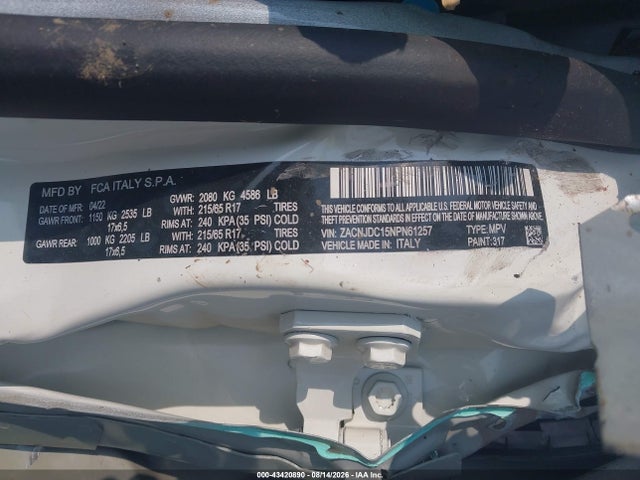 Продажа на аукционе авто 2022 Jeep Renegade Trailhawk 4x4, vin: ZACNJDC15NPN61257, номер лота: 43420890