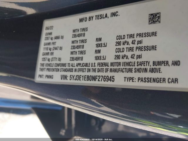 2022 TESLA MODEL 3 5YJ3E1EB0NF276945 Photo 8