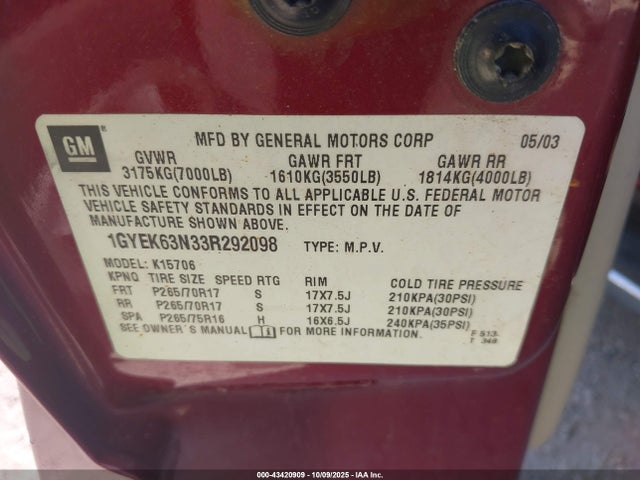 2003 CADILLAC ESCALADE 1GYEK63N33R292098 Photo 8